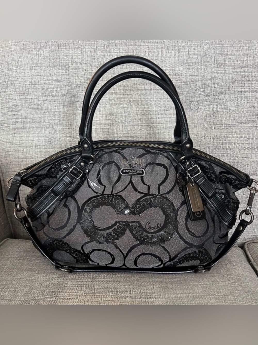 Coach RARE Madison Large Op Art Sophia Sequin Metallic Leather Gun Metal Satchel